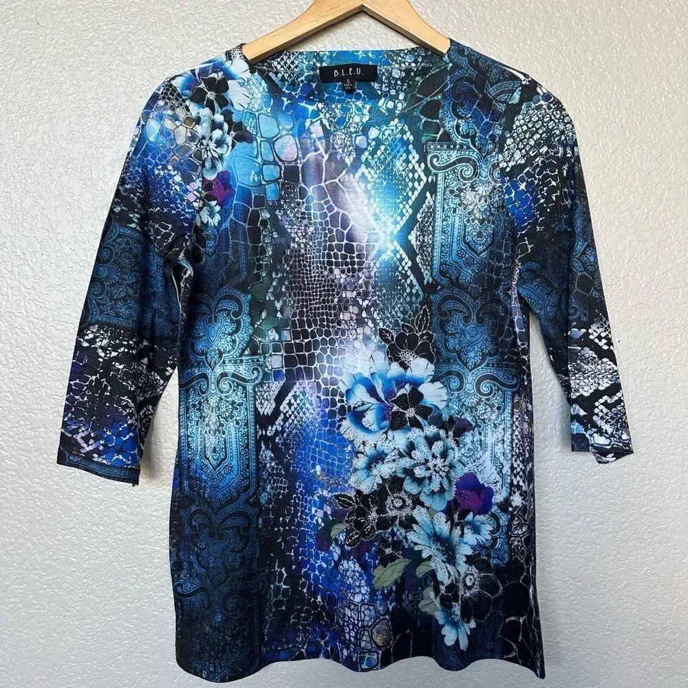 BLEU Crystal Rhinestone Jewel Tone Print 3/4 Sleeve Top S